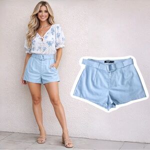 Light Blue Belted Women's High-Waist Shorts
